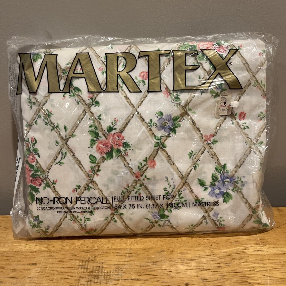 Martex Full Fitted Sheet NOS‎ Vintage Sealed Mod Floral Roses Trellises